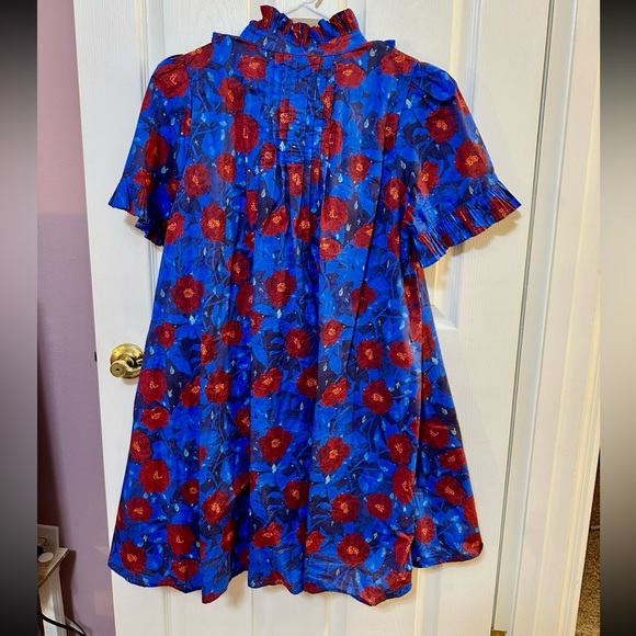 Entro Large Poppy Parade Mini Dress in Cobalt Blue with Red Floral Design - Picture 4 of 4